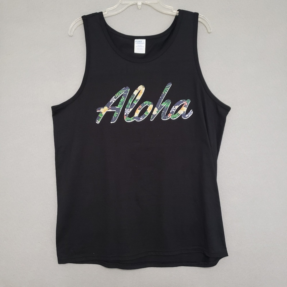 Vintage Mens Large Tank Top Black Aloha Floral Tropical Summer Surf Vacation